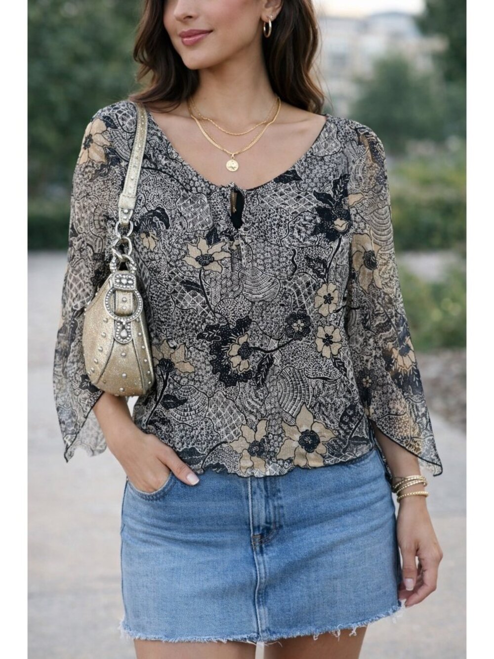 Y2K Jonathan Martin Forest Fairy Black & Brown Floral Top Boho Size Medium Women